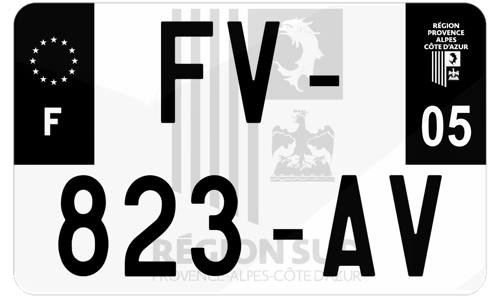 Plaque d'immatriculation moto noire fond logo Hautes-Alpes 05
