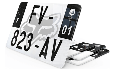 Plaque d'immatriculation moto noire fond logo Fox Racing