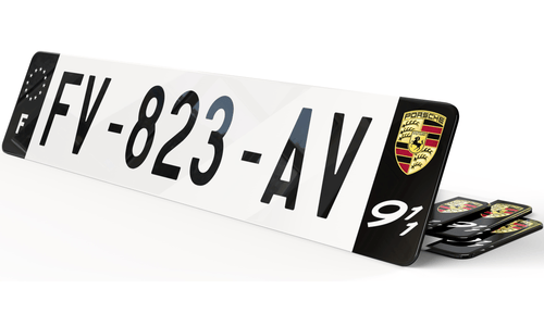 Plaque immatriculation Porsche Noire blason et picto 911