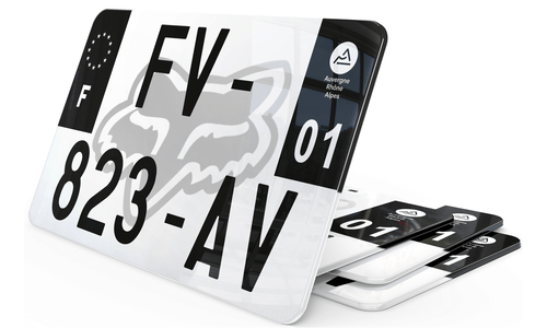 Plaque d'immatriculation moto noire fond logo Fox Racing