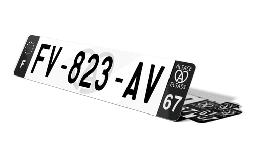 Plaque d'immatriculation noire fond logo Alsace 67