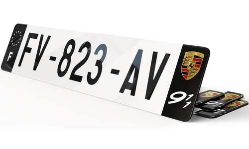 Plaque immatriculation Porsche Noire blason grainé et picto 911
