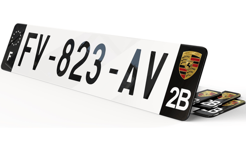 Plaque immatriculation Porsche Noire blason grainé
