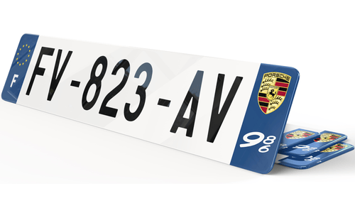 Plaque immatriculation Porsche Bleu blason et picto 986