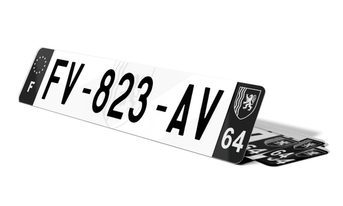 Plaque d'immatriculation noire fond logo Pyrénées-Atlantiques