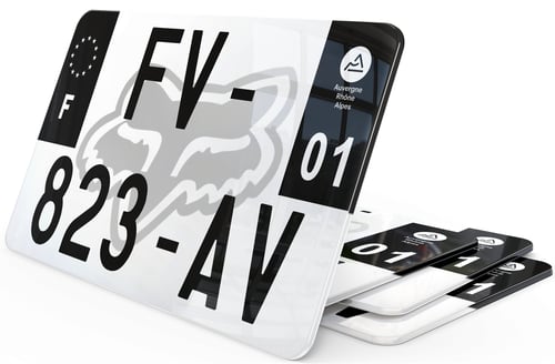 Plaque d'immatriculation moto noire fond logo Fox Racing
