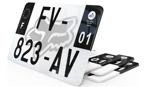 Plaque d'immatriculation moto noire fond logo Fox Racing