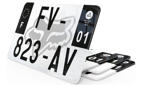 Plaque d'immatriculation moto noire fond logo Fox Racing