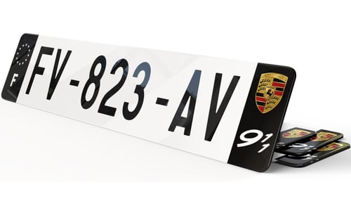 Plaque immatriculation Porsche Noire blason grainé et picto 911