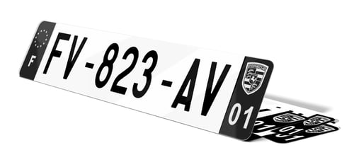 Plaque immatriculation noire Blason Porsche Blanc