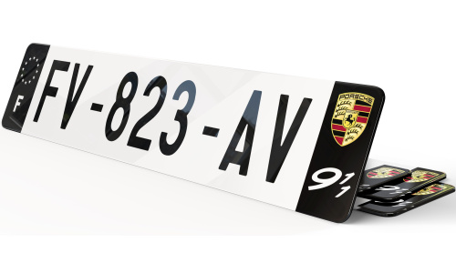 Plaque immatriculation Porsche Noire blason et picto 911