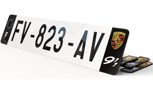 Plaque immatriculation Porsche Noire blason grainé et picto 911