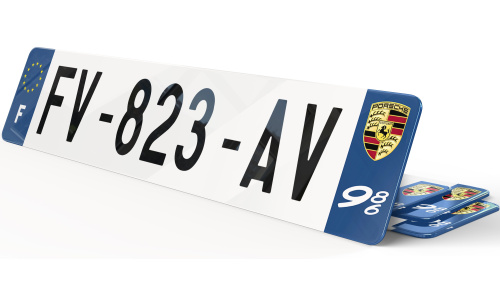 Plaque immatriculation Porsche Bleu blason et picto 986
