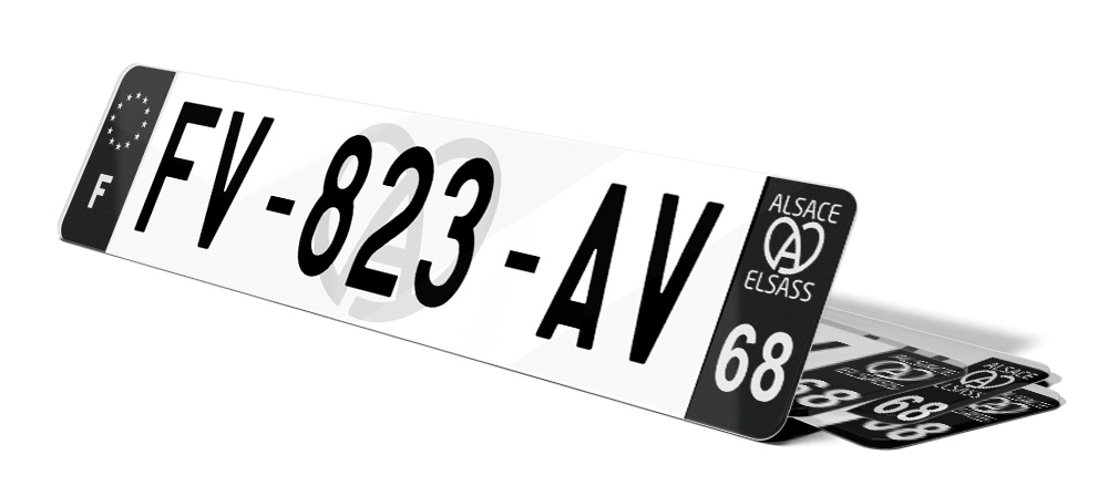 Lot De 2 Autocollants Plaque Immatriculation Département 68 Haut-Rhin - Logo Alsace Ancienne Région, Noir, 45x100 Mm